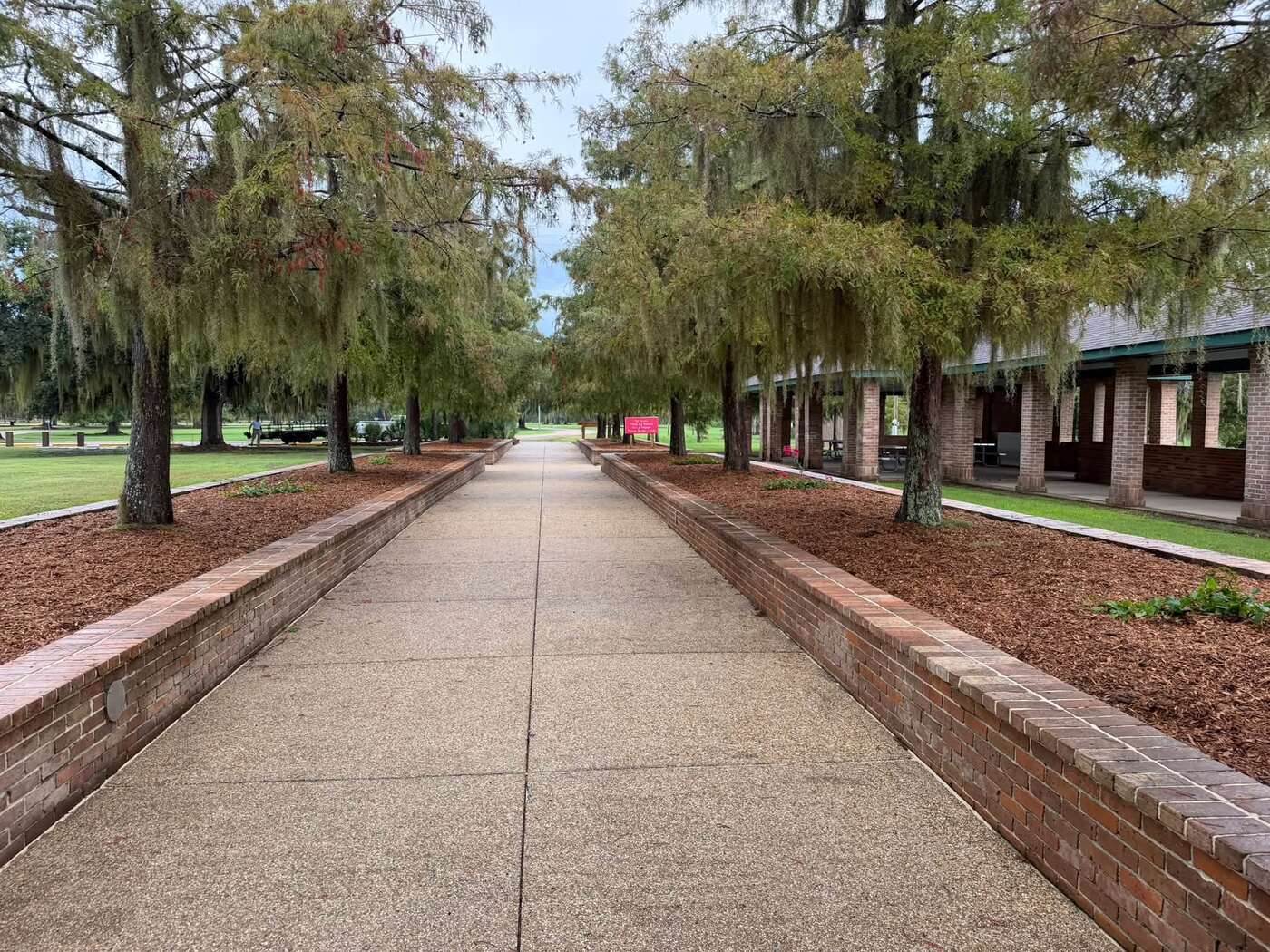 Freshly mulched brick planter beds lining a cypress-shaded concrete walkway