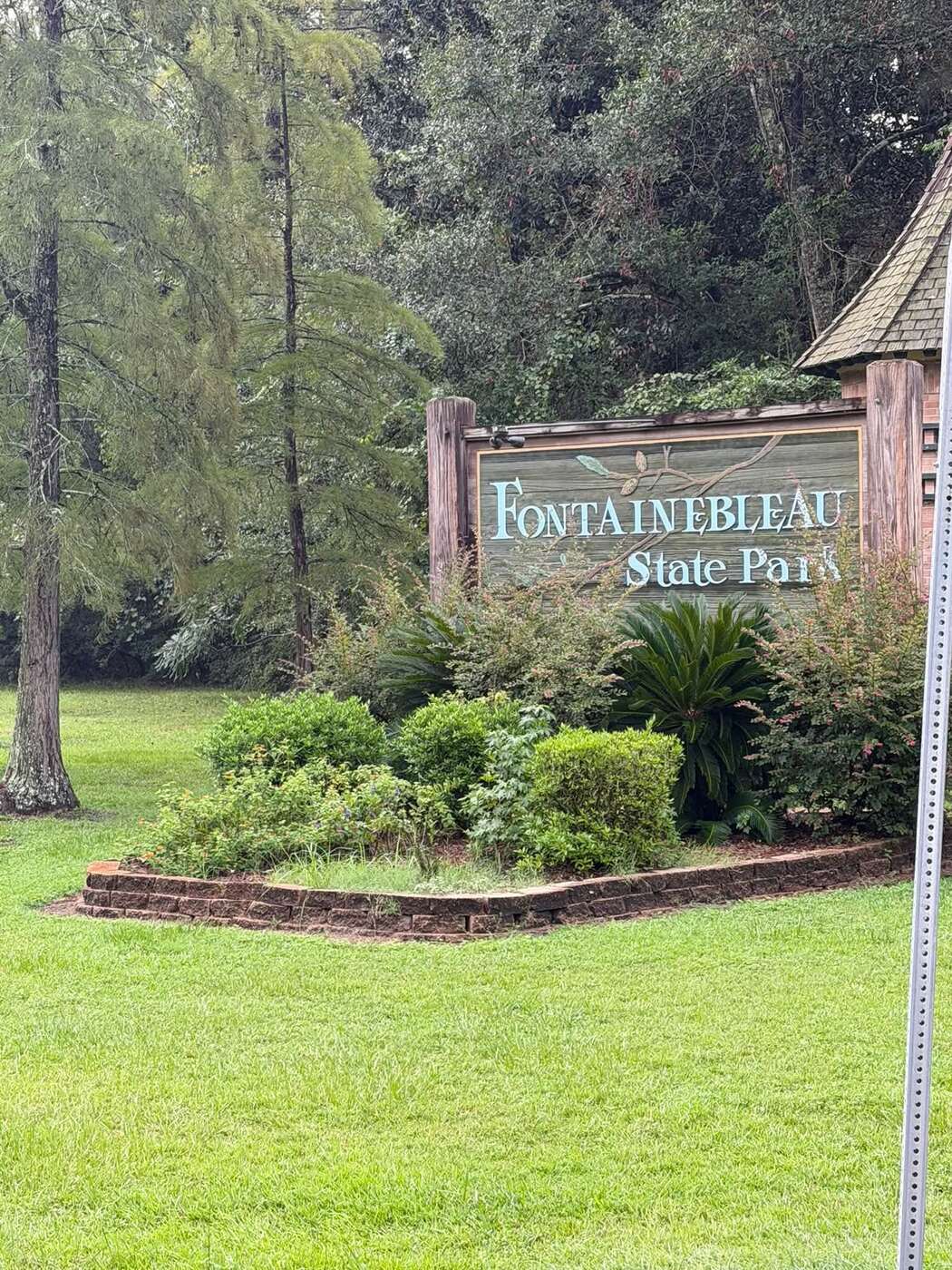 Trimmed shrubs, sago palm, and flowering plantings in a brick-edged bed around an entrance sign