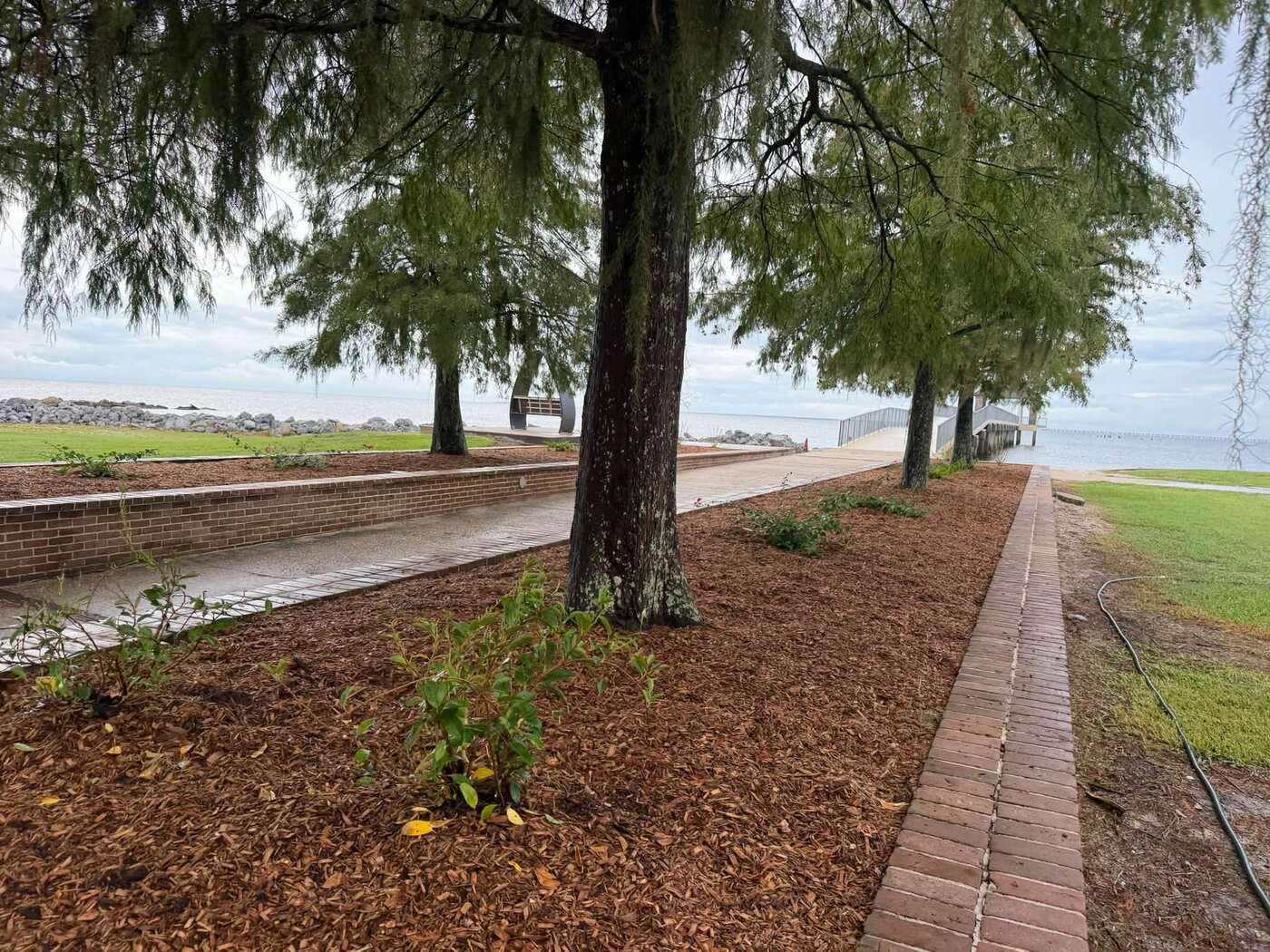 New shrub plantings in a fresh mulch bed with brick edging along a lakefront walkway